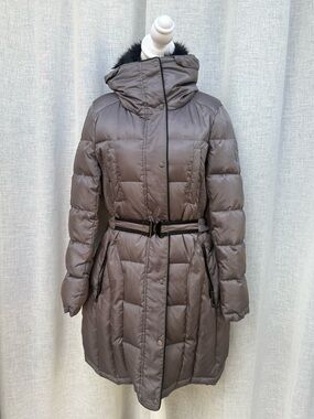 Vince Camuto hooded belted puffer coat faux fur trim on the hood amethyst color